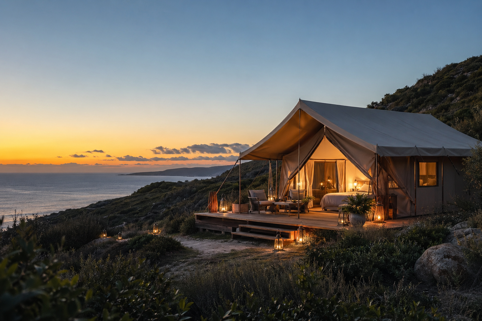 A realistic luxury glamping tent at sunset overlooking the coast